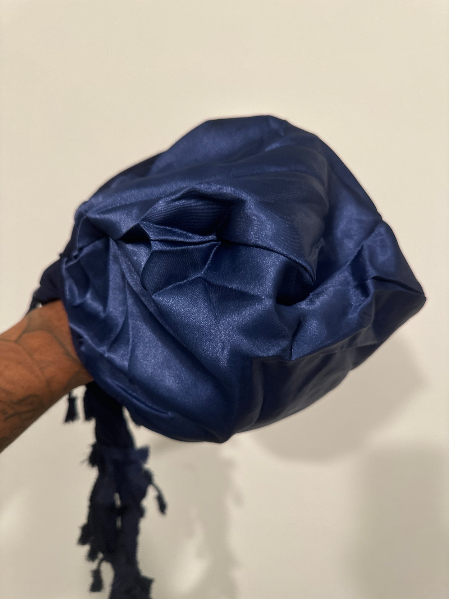 Turban Silky Satin Lined Head Wrap Pre-Tied Tassel Tuban (Blue)