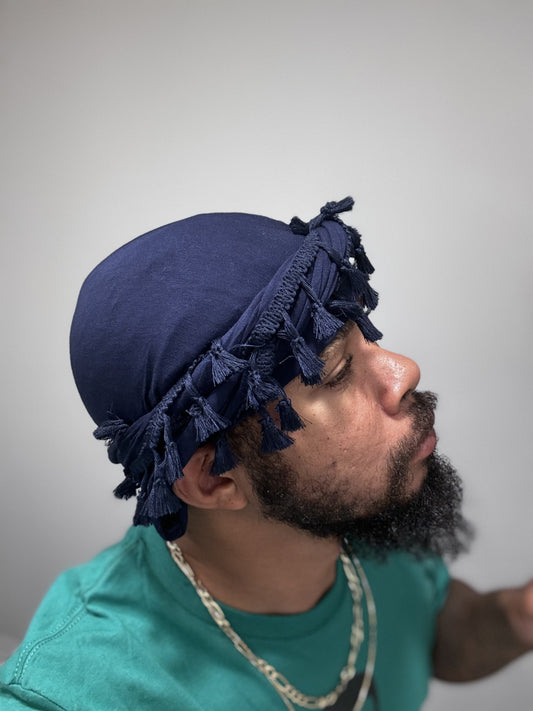 Turban Silky Satin Lined Head Wrap Pre-Tied Tassel Tuban (Blue)